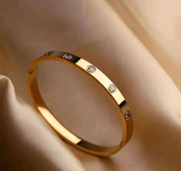 Steel Gold Bracelet With Cubic Zirconia / American Diamond  - Old Gold, Free Size