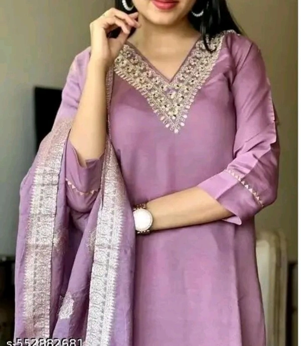 Purple Kurti Set With Dupatta And Pant | Golden Work  - Thistle, Xl