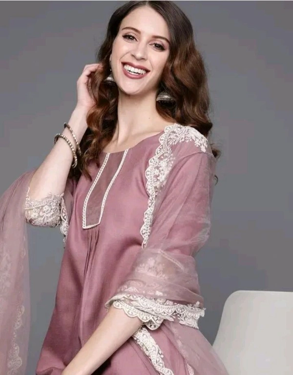 Embroidery Kurti Set With Dupatta And Pant | Soft Chanderi Cotton Fabric - Solid Pink, M