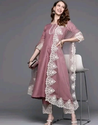 Embroidery Kurti Set With Dupatta And Pant | Soft Chanderi Cotton Fabric - Solid Pink, M