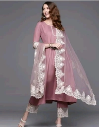 Embroidery Kurti Set With Dupatta And Pant | Soft Chanderi Cotton Fabric - Solid Pink, L