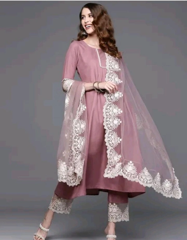 Embroidery Kurti Set With Dupatta And Pant | Soft Chanderi Cotton Fabric - Solid Pink, L
