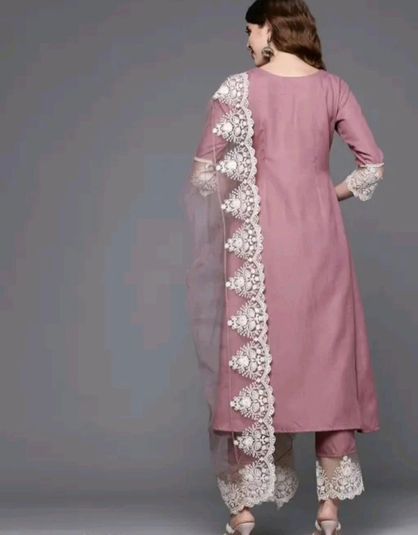 Embroidery Kurti Set With Dupatta And Pant | Soft Chanderi Cotton Fabric - Solid Pink, Xl