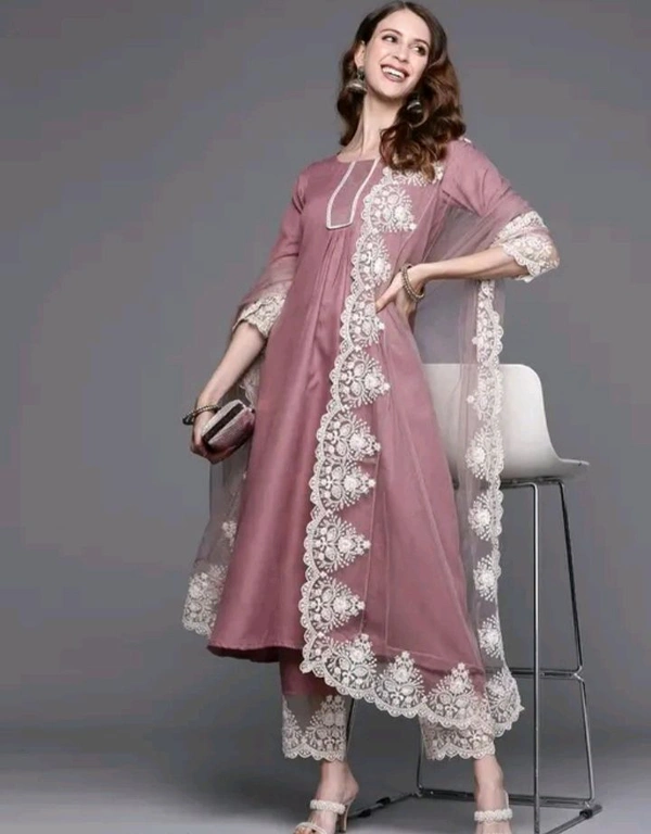 Embroidery Kurti Set With Dupatta And Pant | Soft Chanderi Cotton Fabric - Solid Pink, 2xl