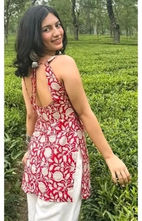 Red Trending Cotton Backless Short Kurti  - Red, M