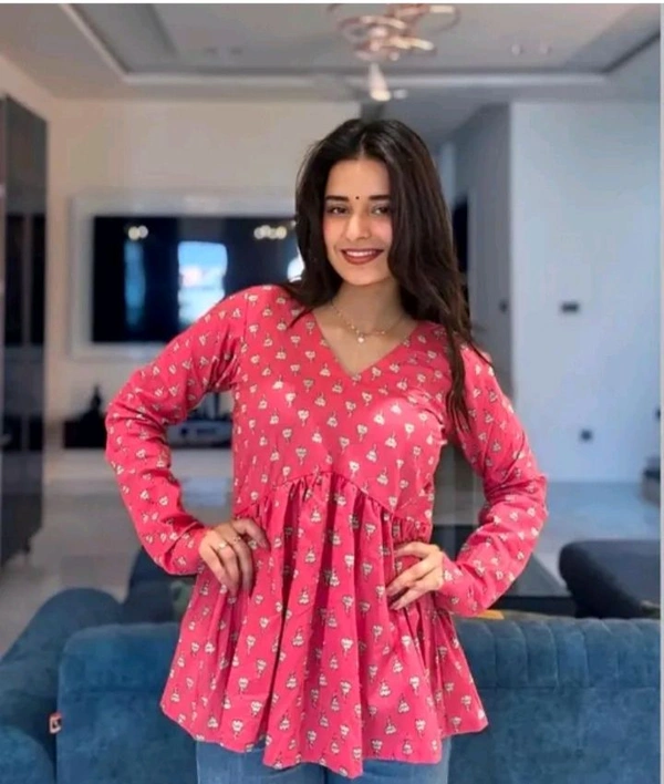 Vneck Tunic Short Kurti  - Carnation Pink, S