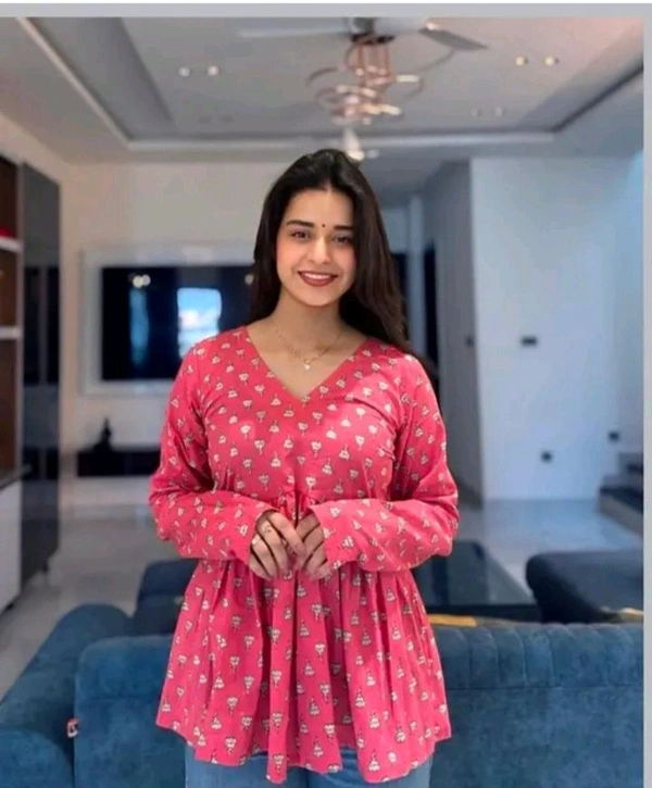Vneck Tunic Short Kurti  - Carnation Pink, M