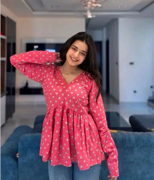 Vneck Tunic Short Kurti  - Carnation Pink, L