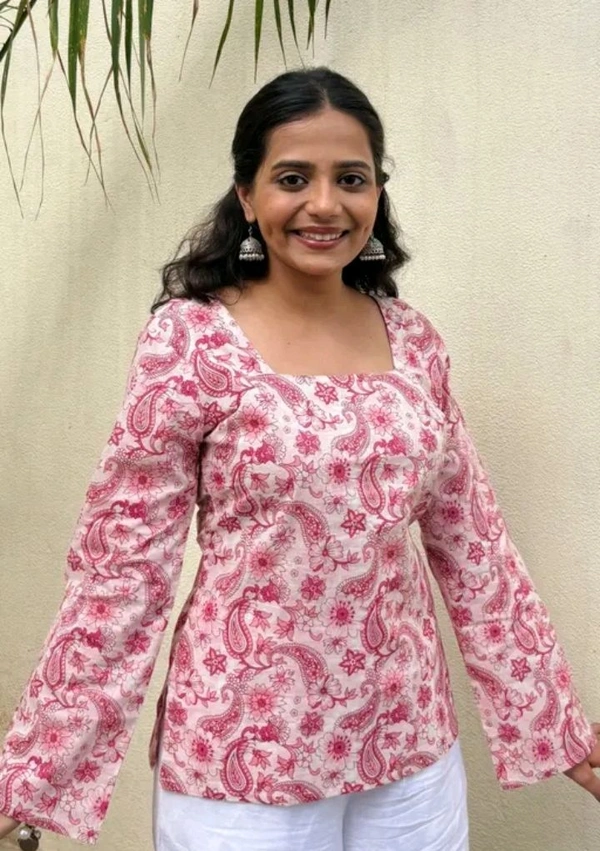 Trending Bell Sleeve Printed Short Kurti  - Illusion, Xs