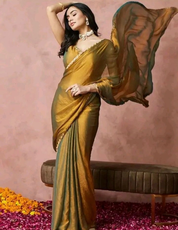 Golden Saree With Border Work  - Potters Clay, Free Size