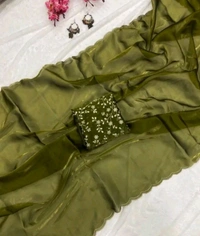 Green Saree With Embroidery Work Unstitch Blouse Piece  - Fern Frond, Free Size