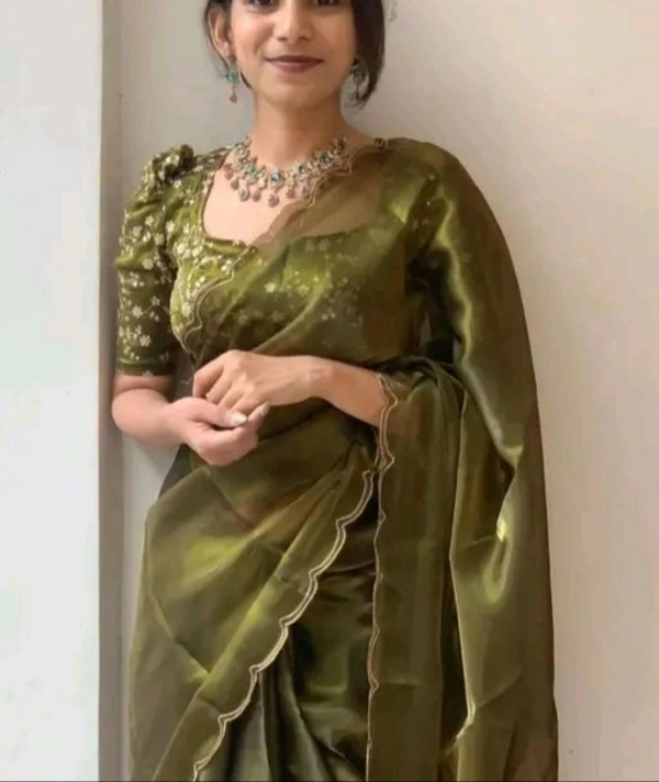 Green Saree With Embroidery Work Unstitch Blouse Piece  - Fern Frond, Free Size