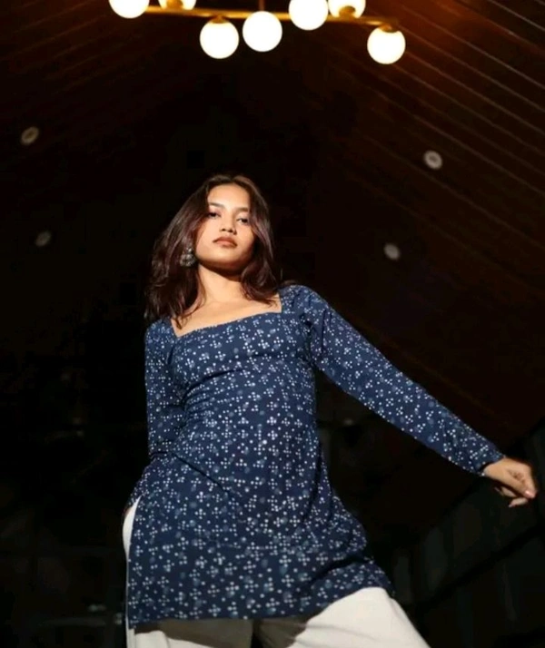 Printed Square Neck Navy Blue Short Kurti 