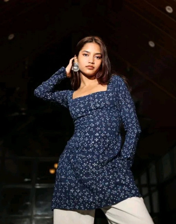 Printed Square Neck Navy Blue Short Kurti  - East Bay, Xs