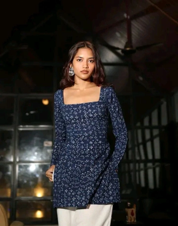 Printed Square Neck Navy Blue Short Kurti  - East Bay, Xs