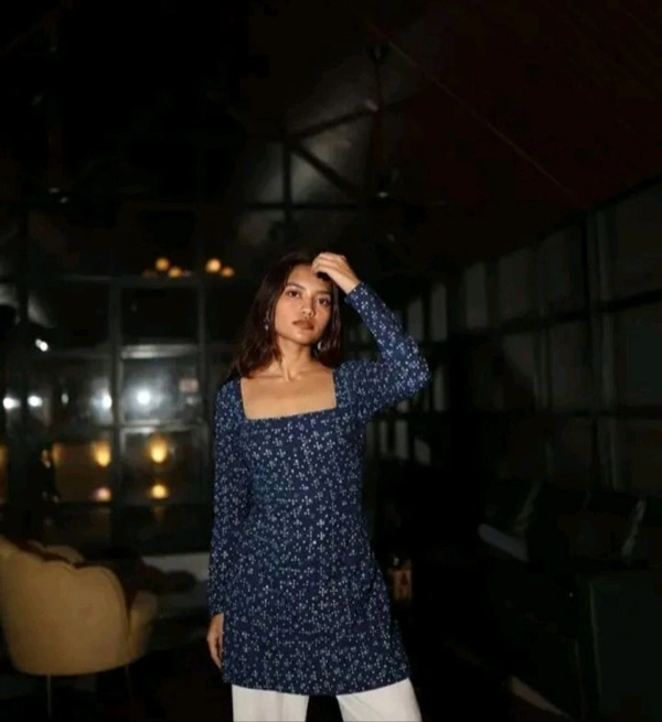 Printed Square Neck Navy Blue Short Kurti  - East Bay, Xs