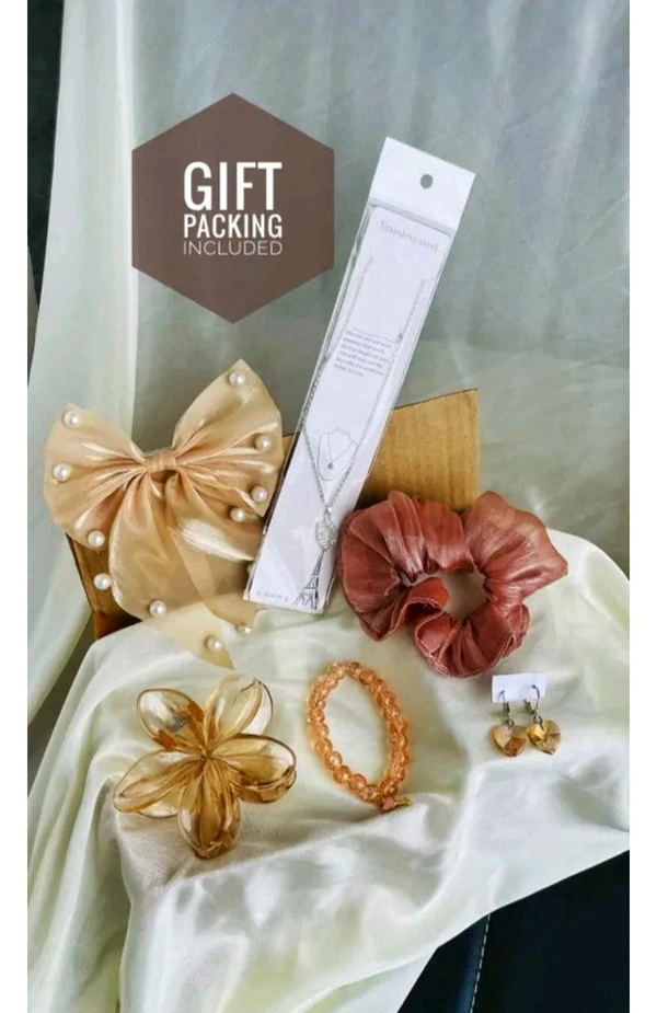 Gift Hamper For Her (Earrings, Hair Bow, Scrunchie, Bracelet ,Claw Clip & Pendant ) 