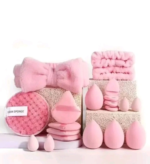 Various Sponges Set / 20 Piece Makeup Puff, Head Band And Sponge Kit  - Pink Lace