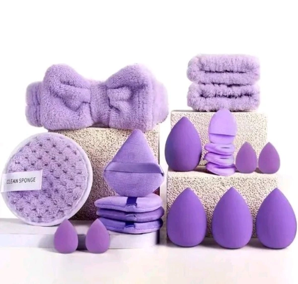 Various Sponges Set / 20 Piece Makeup Puff, Head Band And Sponge Kit  - Mauve