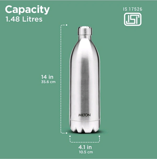 Milton Duo DLX 1500 Thermosteel Water Bottle 1.5 Litre, 24 Hr Hot and Cold I Leak Proof Lid, ISI Certified, Gym, School,Silver