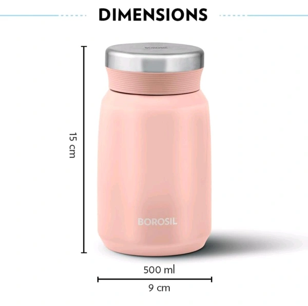 Borosil Hydra Carry Mate  500 ml Stainless Steel Double Wall Vacuum Insulated Soup Flask & Food Jar with Screw Lid - Pink