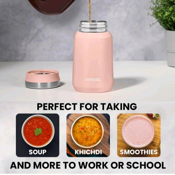 Borosil Hydra Carry Mate  500 ml Stainless Steel Double Wall Vacuum Insulated Soup Flask & Food Jar with Screw Lid - Pink