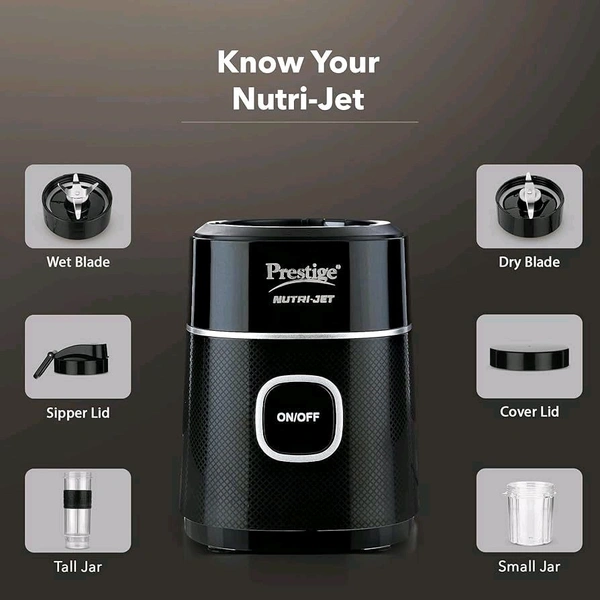 Prestige Nutri-Jet Mixer Grinder with 2 Jars| 450 Watts| Sipper Lid & Additional Cover Lid| ISI Certified| One-Touch Operation, Black
