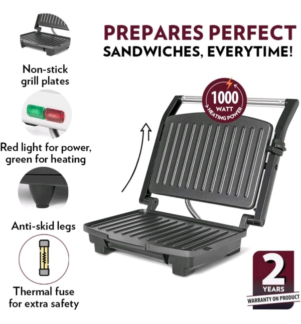 Borosil Elite Prime Grill Sandwich Maker | Can Make 2 Sandwich At a Time | 1000W Electric Toaster Maker | Non Toxic & Nonstick Coating Grill Plates Opens to 90° | Power Indicators | 2 Year Warranty