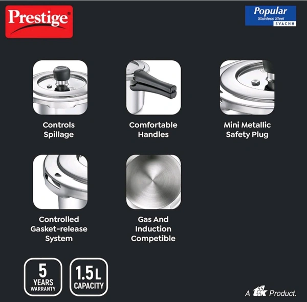 Prestige 1.5 Litre Stainless Steel Popular Svachh Outerlid Pressure Cooker