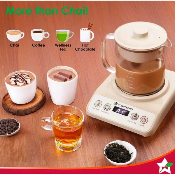Wonderchef Chai Magic, Fully Automatic Tea & Cappuccino Maker, Make Masala Chai/Cutting Chai/Kahwa/, No Spills, No Overcooking, 4 Modes, Boil Milk/Water/Coffee, 500ML Glass Jar