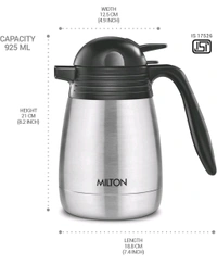 Milton Carafe Stainless Steel Double Walled Vacuum Insulated Flask with Lid and Handle, Silver, ISI Certified, Coffee/Tea Carafe Heat & Cold Retention, Leak Proof, Rust Free, Easy to Carry - 600ml