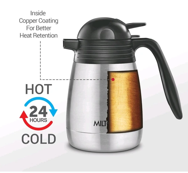 Milton Carafe Stainless Steel Double Walled Vacuum Insulated Flask with Lid and Handle, Silver, ISI Certified, Coffee/Tea Carafe Heat & Cold Retention, Leak Proof, Rust Free, Easy to Carry - 1500ml