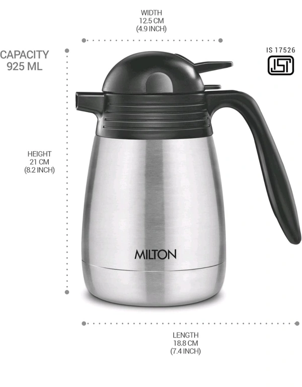 Milton Carafe Stainless Steel Double Walled Vacuum Insulated Flask with Lid and Handle, Silver, ISI Certified, Coffee/Tea Carafe Heat & Cold Retention, Leak Proof, Rust Free, Easy to Carry - 2000ml