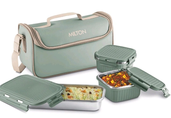 Milton MILTON Lush Lunch Box 1 Stainless Steel Container + 2 Microwave Safe, Cool Touch Body SS Container I BPA Free I Stylish Durable Jacket I Ideal for Office, School, Outdoor, Picnic - Mint Green
