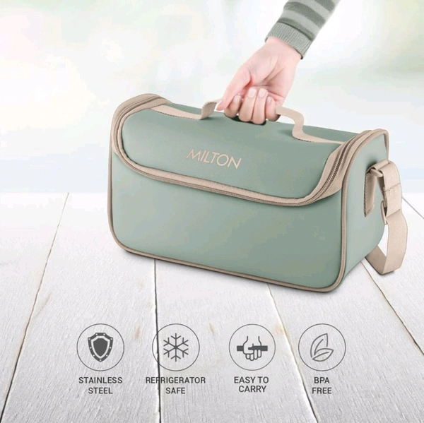 Milton MILTON Lush Lunch Box 1 Stainless Steel Container + 2 Microwave Safe, Cool Touch Body SS Container I BPA Free I Stylish Durable Jacket I Ideal for Office, School, Outdoor, Picnic - Mint Green