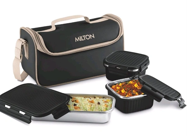 Milton MILTON Lush Lunch Box 1 Stainless Steel Container + 2 Microwave Safe, Cool Touch Body SS Container I BPA Free I Stylish Durable Jacket I Ideal for Office, School, Outdoor, Picnic - Black