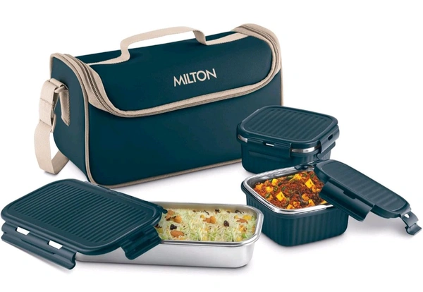Milton MILTON Lush Lunch Box 1 Stainless Steel Container + 2 Microwave Safe, Cool Touch Body SS Container I BPA Free I Stylish Durable Jacket I Ideal for Office, School, Outdoor, Picnic - Royal Blue