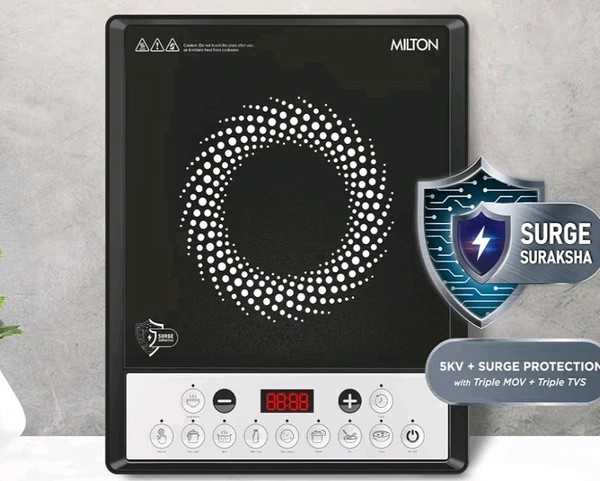 Milton Euroline Elio 16.0 Portable 1600 W Induction Cooktop | LED Display Panel, 5KV Surge Protection | Timer & Preset Menu Functions | Soft Touch Buttons | Fast Cooking | 3-Year Warranty on Coil
