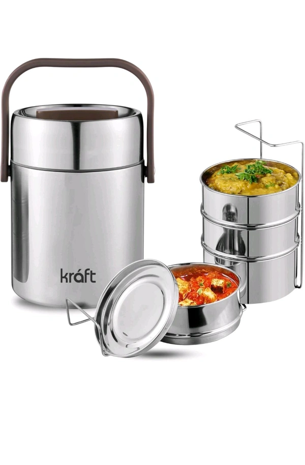 Kraft Perma Therm 4-Tier Stainless Steel Insulated Lunch Box -1.9L (400ml Each), Double-Wall Vacuum Tiffin Keeps Food Hot for 8 Hrs, Leak-Proof Silicone Lid, Clip Lock