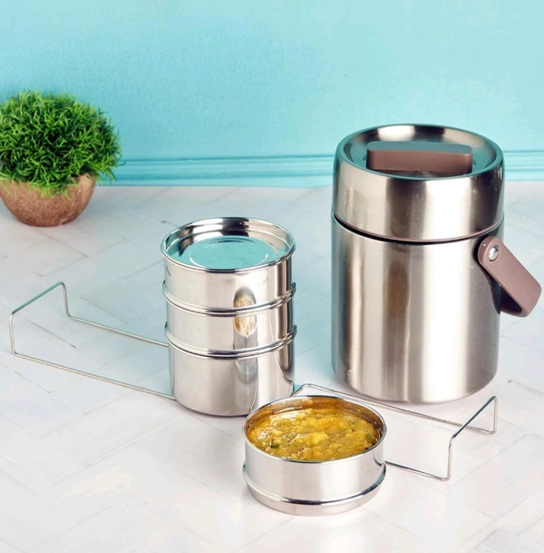 Kraft Perma Therm 4-Tier Stainless Steel Insulated Lunch Box -1.9L (400ml Each), Double-Wall Vacuum Tiffin Keeps Food Hot for 8 Hrs, Leak-Proof Silicone Lid, Clip Lock