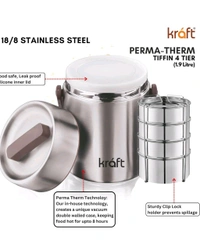 Kraft Perma Therm 4-Tier Stainless Steel Insulated Lunch Box -1.9L (400ml Each), Double-Wall Vacuum Tiffin Keeps Food Hot for 8 Hrs, Leak-Proof Silicone Lid, Clip Lock