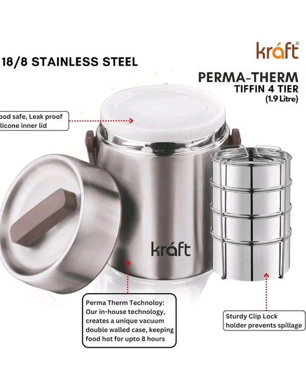 Kraft Perma Therm 4-Tier Stainless Steel Insulated Lunch Box -1.9L (400ml Each), Double-Wall Vacuum Tiffin Keeps Food Hot for 8 Hrs, Leak-Proof Silicone Lid, Clip Lock