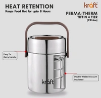 Kraft Perma Therm 4-Tier Stainless Steel Insulated Lunch Box -1.9L (400ml Each), Double-Wall Vacuum Tiffin Keeps Food Hot for 8 Hrs, Leak-Proof Silicone Lid, Clip Lock