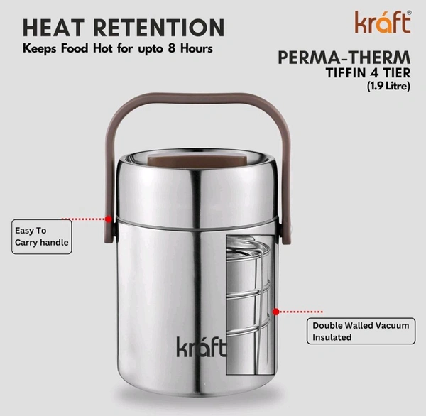 Kraft Perma Therm 4-Tier Stainless Steel Insulated Lunch Box -1.9L (400ml Each), Double-Wall Vacuum Tiffin Keeps Food Hot for 8 Hrs, Leak-Proof Silicone Lid, Clip Lock