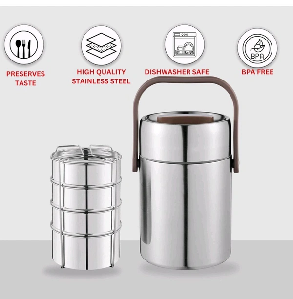 Kraft Perma Therm 4-Tier Stainless Steel Insulated Lunch Box -1.9L (400ml Each), Double-Wall Vacuum Tiffin Keeps Food Hot for 8 Hrs, Leak-Proof Silicone Lid, Clip Lock
