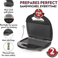 BOROSIL Neo Grill 2.0, 750 Watt, Bread Sandwich Maker, Makes 2 Sandwiches - Base Variant