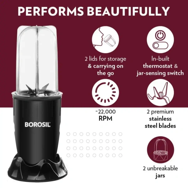 BOROSIL Borosil NutriFresh PB31 Portable Mini-Blender & Grinder, Black 400 W