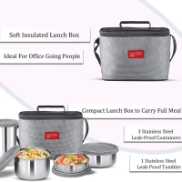 MILTON Delicious Combo Stainless Steel Insulated Tiffin (1 Tumbler and 3 Container) Set of 4 Grey