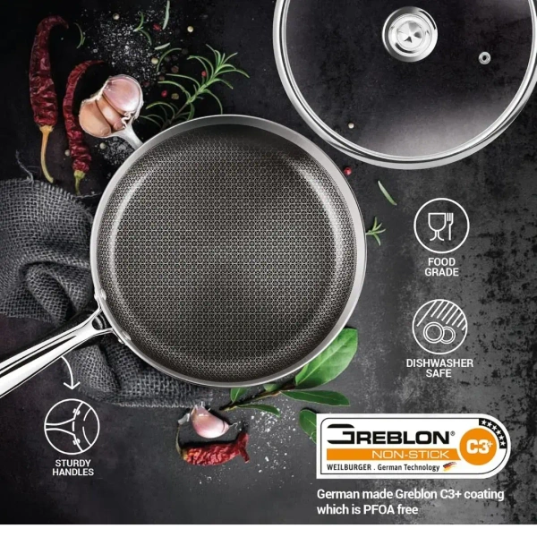 MILTON Milton Honeycomb Triply Frypan With Glass Lid - 22cm