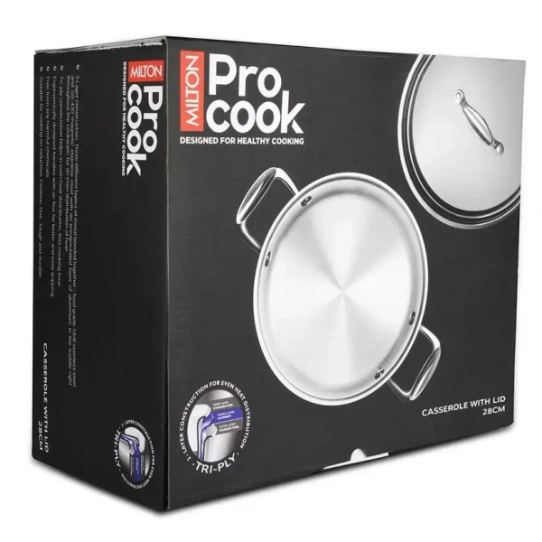 MILTON Milton Pro Cook Tri Ply Stainless Steel Casserole With Lid Size 28 Cm